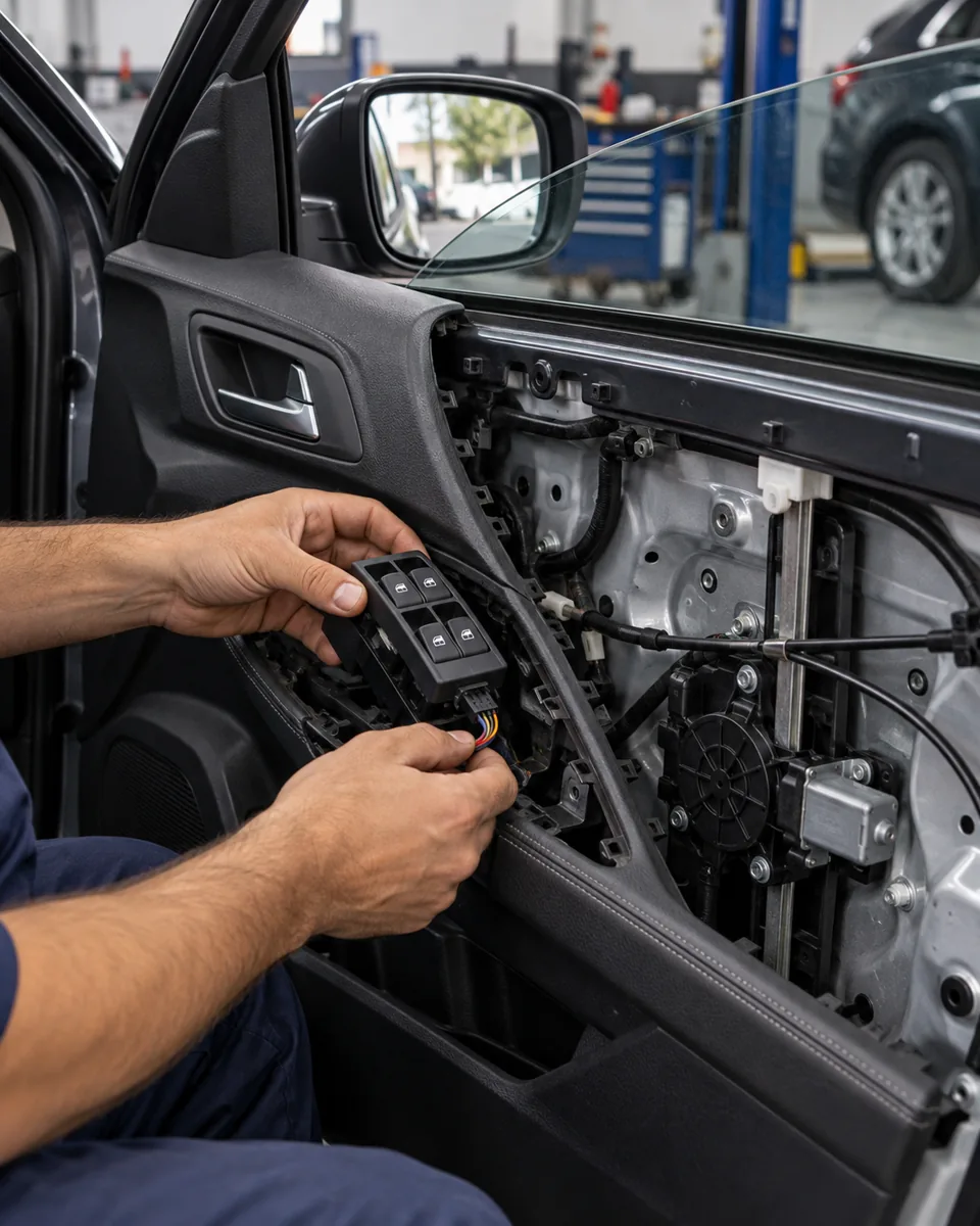 Instalação de acionamento do vidro elétrico na porta de um carro